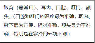 腋窝(最常用)、耳内、口腔、肛门、额头,(口腔和肛门的温度最为准确,耳内、腋下最为方便,相对准确,额头最为不准确,特别是在寒冷的环境下测)